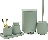 Vista 11 de Juego de accesorios de baño pequeños de color beige y blanco con mini bote de basura de 3 litros/0.8 galones, soporte para cepillos de dientes
