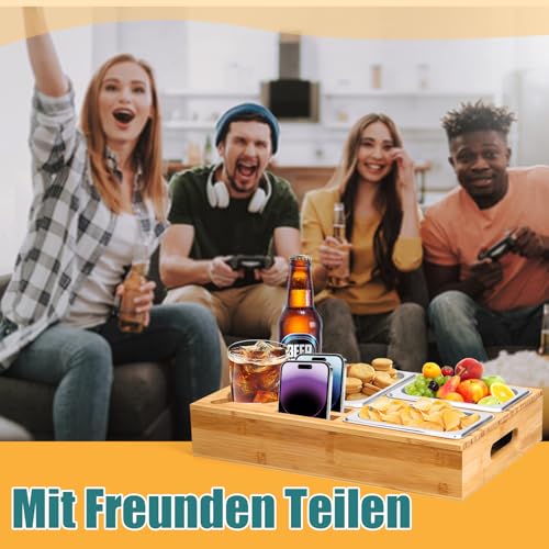Puosike Couchbar Snackbox, Couch Bar Organizer Tablett, Holz Sofatablett mit Getränkehalter, Snackspender mit 3X Snackschalen, 2X Tasse- Geschenke für Männer Frauen