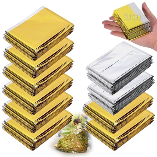 10 Stück Rettungsdecke Gold Silber, Notfalldecke Thermo, 210x160CM Notfalldecke Wandern, Kompakte Rettungsdecken, für Outdoor Camping Auto Notfallsituationen Allwetterbedingungen