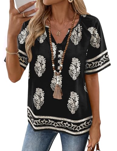 Rapbin Bohemian Blouses for Women Dressy Casual - V Neck Tunic Tops - Loose Fit Half Sleeve Spring Clothes Beach Linen Boho Outfits Black L