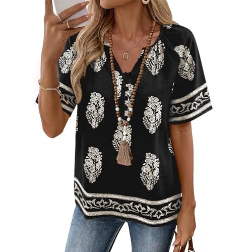 Rapbin Womens Summer Boho Tops Casual Short Sleeve Blouses Button Down Shirts 2026 Beach Vacation Clothes Black Floral X-Large
