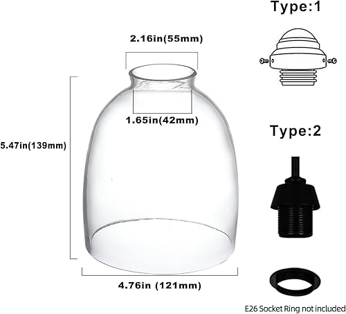Miniatura 2 de Paquete de 4 pantallas de vidrio transparente, globos de vidrio de repuesto para lámparas de ventilador de techo, adaptador de 2-18 pulgadas, 4.76