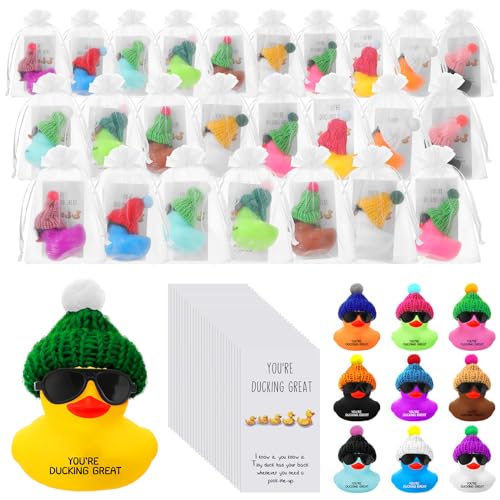 Deekin 30 Sets Thank You Gift You're Ducking Great Motivational Cards Mini Colorful Rubber Ducks with Glasses Hats with Card Organza Bags Bulk Toy for Cruises Students Coworkers Baby Shower