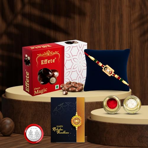 Image of DeoDap Multicolor Beaded Square Rakhi Set for Brother - Includes Chocolate Gift, Silver Pooja Coin and Greeting Card - Complete Raksha Bandhan Combo