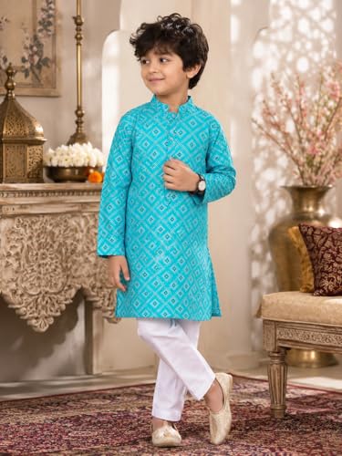 Image of superminis Boys Silver Foil Printed Kurta, Round Collar, Full Sleeves With White Pyjama Cotton Kurta Set