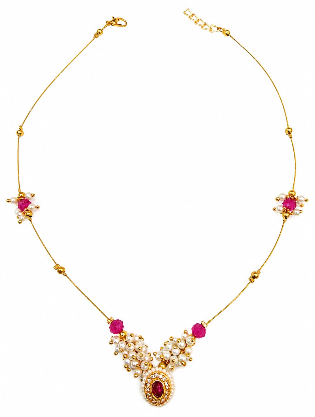 Jewellery Invisible Necklace for Women | Pink Stone & Pearl Gold Plated Traditional Necklace | Lightweight Elegant Chain Pendant Jewellery for Party, Wedding, Function & Daily Wear-picture-15