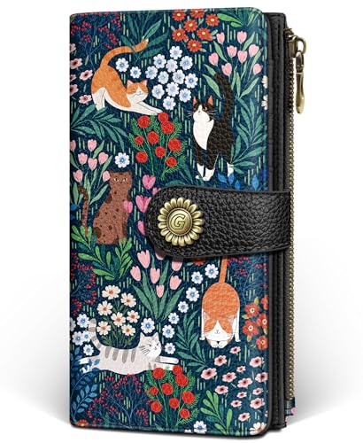 GIANCOMICS Cute Cat Womens Wallet RFID Blocking Credit Flower Card Holder Organizer Billfold PU Leather Travel Billfold Long Cash Purse Zipper Coin Pocket Clutch 11 Card Slots Ladies Gift Woman