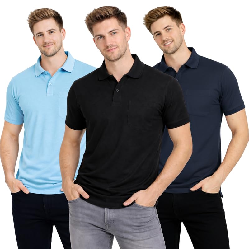 Image of SMAN Polo Neck T-Shirt Pack of 3 for Men & Boys | Half Sleeve Collar Tee with Pocket | Premium Spun Matty Fabric | Casual & Office Wear | Sizes M to 2XL | FX PO3 MCR BLK NVY