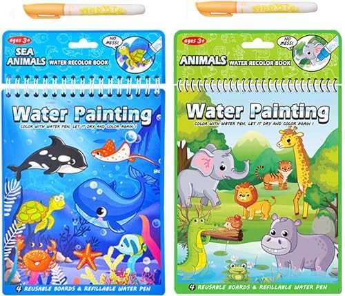2 Pcs Libros Magico Pintar con Agua y 2 Bolígrafo, Magic Water Coloring Book, Reutilizable Libro Agua Colorear Mágico, Juguetes Educativos de Dibujo para Niños