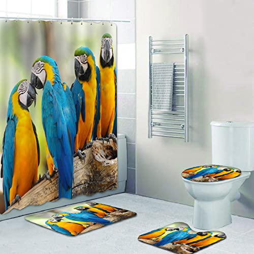 Duschvorhang Blaugelber Papagei Badezimmerteppich 4-Teiliges Set, Duschvorhang 180x180 Polyester+Badematte rutschfeste…
