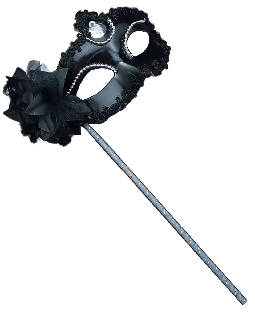 AZYOUNGWomen’s Masquerade Half Face Mask on Stick with Black Silver Gold Painting and Side Feather Flower