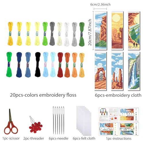 Image of FREEBLOSS 6 Set Cross Stitch Bookmark Kits Natural Park Stamped Cross Stitch Kit DIY Embroidery Bookmarks Kit for Beginners with Instructions 6x20cm /8x2.4inch