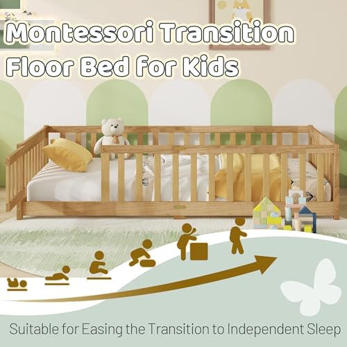 Twin Floor Bed with Safety Guardrails for Kids, Rubber Wood Montessori Bed with Slats and Convertible Door, Twin Size Bed Frame for Girls and Boys,No Box Spring Needed,Natural