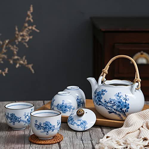 fanquare Juego de Té Japonés de Porcelana Azul y Blanca, Servicio de Té de Flor de Ciruelo, Tetera de Cerámica con Mango… - Imagen 3