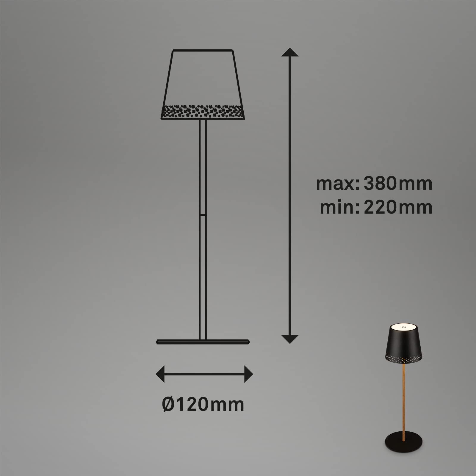 BRILONER - LED Tischlampe kabellos mit Touch, dimmbar in Stufen, höhenverstellbar, Nachttischlampe, Leselampe, LED Lampe, Campinglampe, Tischleuchte, Akkulampe, Outdoorlampe, 38x12 cm, Schwarz