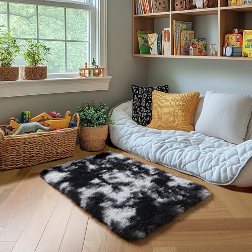 Amdrebio Black White Grey 2x3 Small Area Rugs for Bedroom Living Room Decor, Mini Fluffy Shag Modern Cool Rug for Kids Room Dorm Home Office, Shaggy Throw Furry Plush Floor Carpet for Teen Boys Men