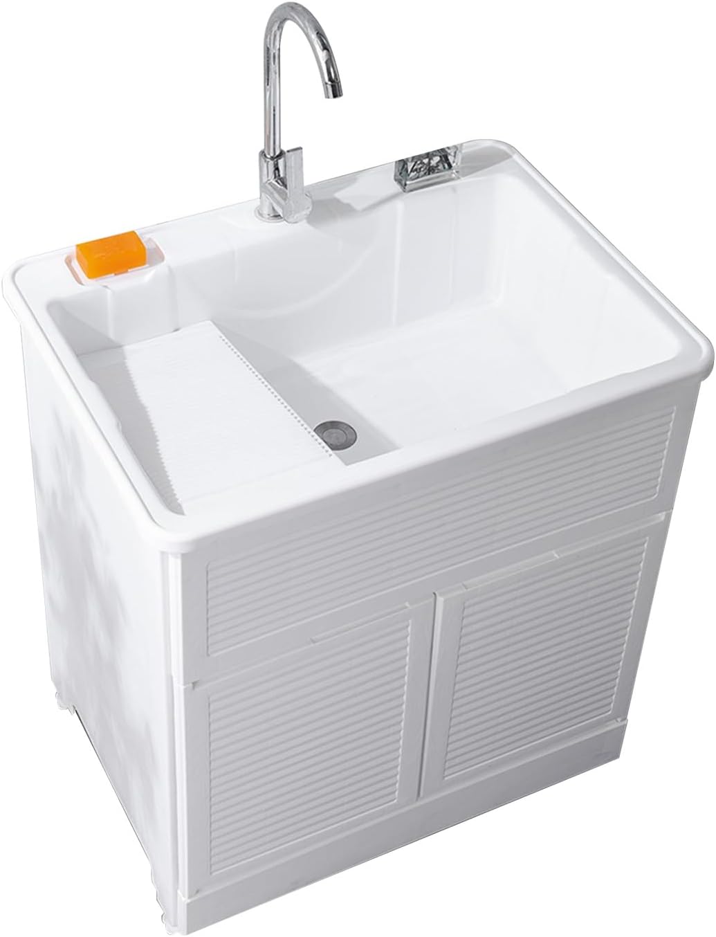 Plastic Freestanding Farmhouse Laundry Sink, 80*56*85cm/31*22*33in, 200kg Capacity, 2 Holes, White