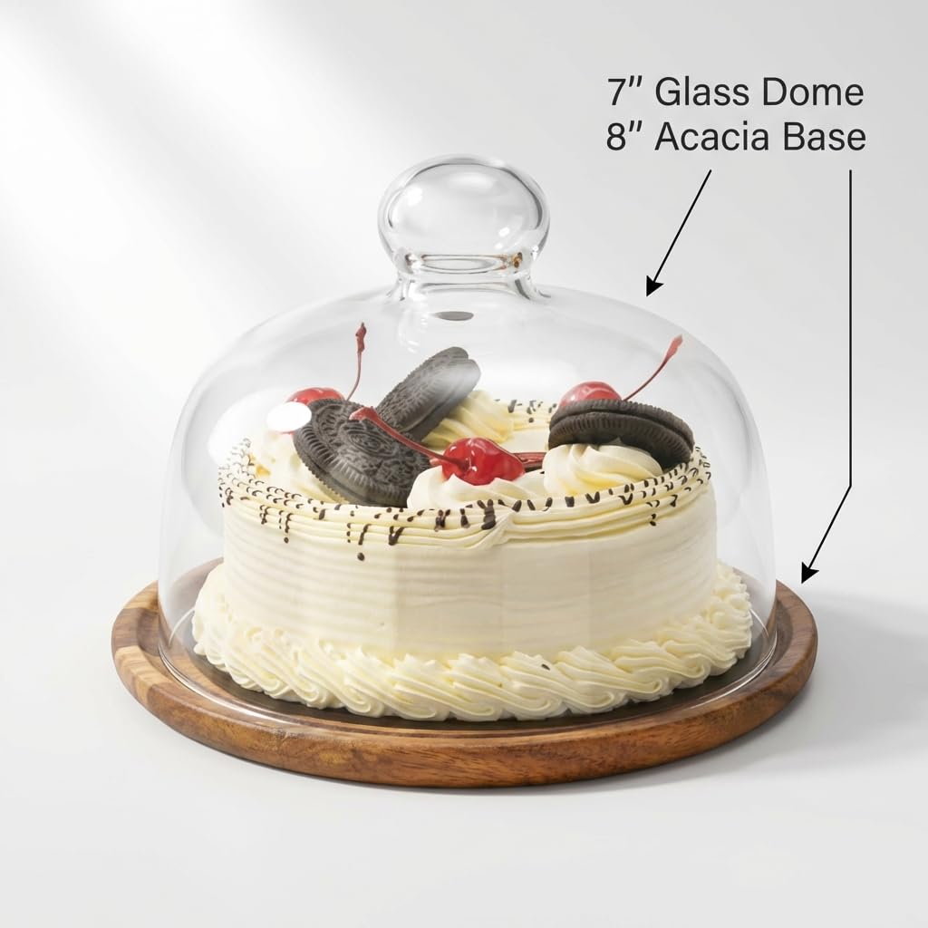 QWORK Glasglocke mit Tablett aus Akazienholz, 17,8 cm Durchmesser, Dessert- und Käse-Displayabdeckung mit Knaufgriff für einfachen Zugriff, vielseitige Servierplatte für Unterhaltung und Dekoration