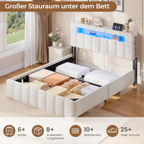 AOGLLATI Polsterbett 140x200 mit Stauraum,Hydraulisches Bett mit LED-Bleuchtung und Ladestation Jugendbett Doppelbett Bettgestell mit Kopfteil aus Samt-Ohne Matratze (Beige Samt, 140x200cm)