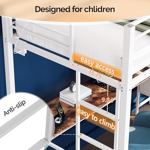 Image of VINGLI Twin Gaming Loft Bed Frame with Desk and Dresser, Metal Single High Sleeper with RGB LED Lights, 2 Built-in Power Outlets, 15 inch Extra-High Guardrails, Space-Saving Design,White