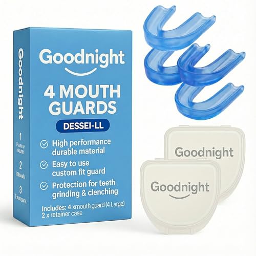 Goodnight Blue 4 Mouth Guards Adult Men – Large Size Night Guards for Teeth Grinding & Clenching – Custom Fit, Reusable – Includes 2 Travel Cases – Model DESSEI-LL