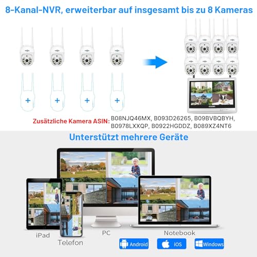 【5MP+3TB】 Hiseeu Überwachungskamera Set Aussen WLAN mit 12''Monitor 10CH Wireless NVR,4 Pcs 5MP PTZ WiFi Kameras mit 2-Wege Audio,Farbe Nachtsicht,Fernanzeige,App&Mail Alarm,3TB HDD Inklusive