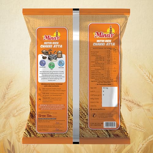 Image of Minar Nutri Rich Fortified Whole Wheat Chakki Atta 10 Kg | Enriched with Iron, Folic Acid & Vitamin B12 | 100% Whole Wheat | Zero Maida | Soft & Fluffy Rotis