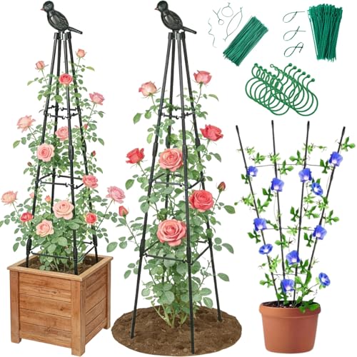 Jesosia 2 Pack Garden Trellis for Climbing Plants Outdoor - Rustproof Plastic Coated Steel Core Tower Obelisk Trellis - Metal Teepee Trellis Vertical Plant Support for Vines Vegetables Flowers Indoor