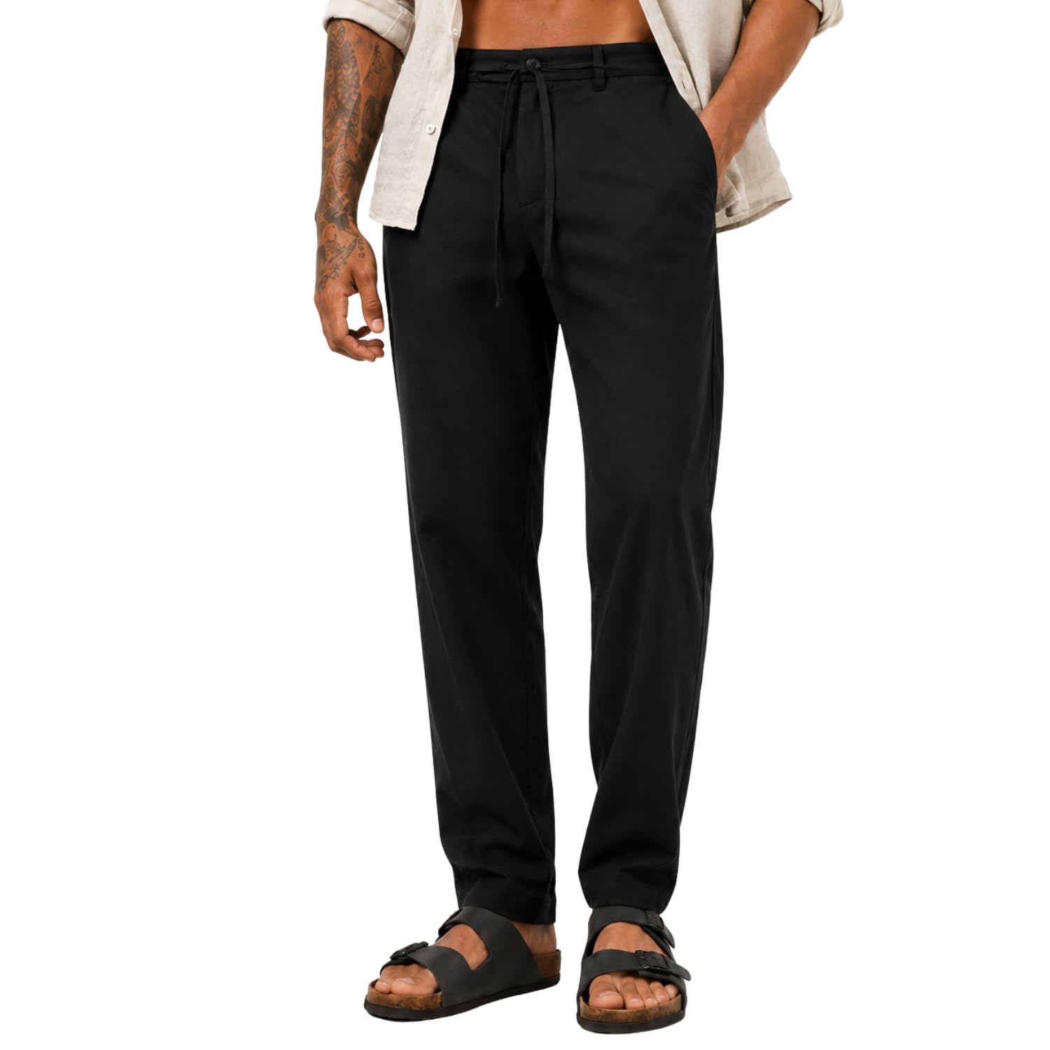 Men's Linen Blend Straight Fit Pants | Breathable Casual Trousers with Drawstring Waist & Side Pockets | Lightweight Summer Trousers for Casual | Travel-image-0