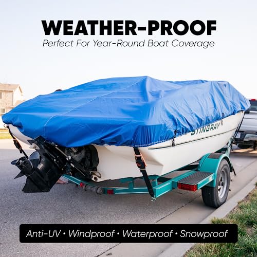 Trailerable Boat Cover, Upgraded Heavy Duty Waterproof Boat Cover For Center Console Boat Marine Grade Canvas, Oxford Fabric Fits V-Hull, Tri-Hull, Fishing Ski, Runabout Boat With Strap(Blue) #TOP2
