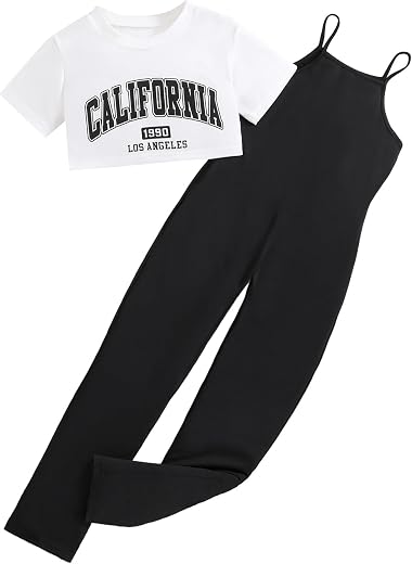 Ecolala Girls' 2 Piece Outfits Graphic Short Sleeve Crop Top and Cami Jumpsuit Pants Set