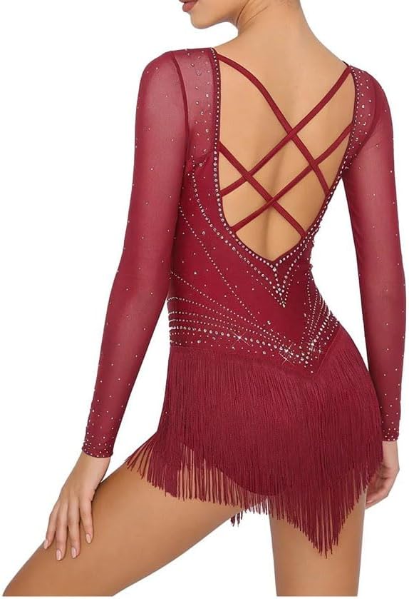 Women’s Figure Skating Latin Dance Rhinestone Bodysuit Tango Rumba Costume Tiered Tassel Hem Leotard Jumpsuit
