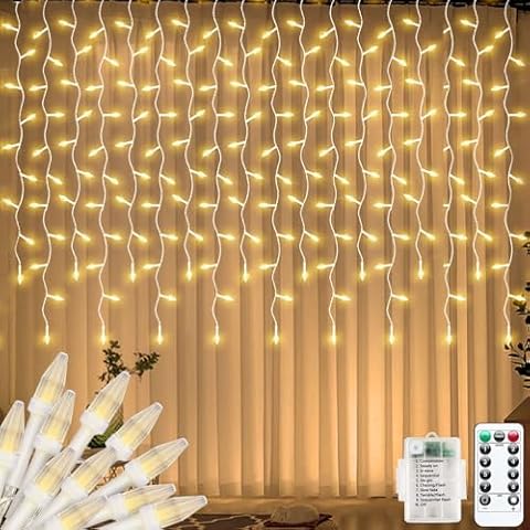 Apatner Icicle Lights Outdoor Christmas Curtain Lights Battery Operated,9.8ftx3.3ft 150LED Diamond LED Hanging Window Waterfall String Lights Waterproof with Remote for Xmas Bedroom Wall Eaves Cover