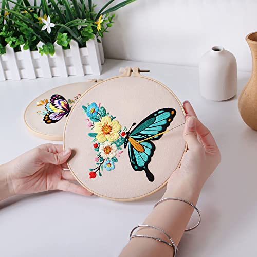 Image of Konrisa Embroidery Kits with Butterfly Flower Pattern, Stamped Embroidery Starter Kit for Beginners Adults Needlepoint Kits Include Embroidery Fabric Embroidery Hoop Threads and Needles,Set of 2