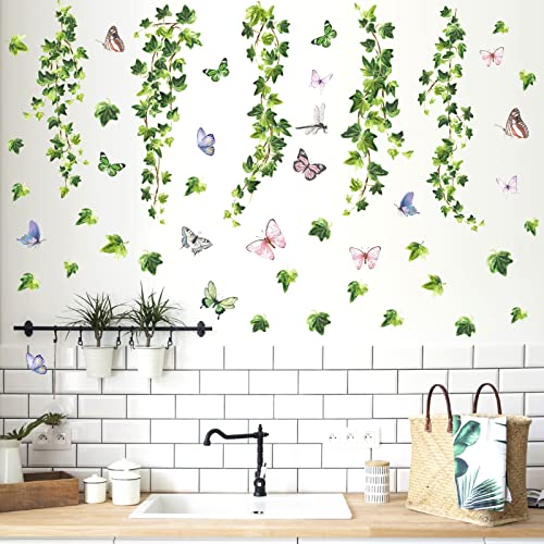 Kokolap Watercolor Hanging Vine Wall Decals Green Leaves Wall Stickers For Living Room Decor Rustic Leaves Window Decals Peel And Stick Butterflies Spring Art Stickers For Bathroom Kids Bedroom Kitchen Decor thumb #3