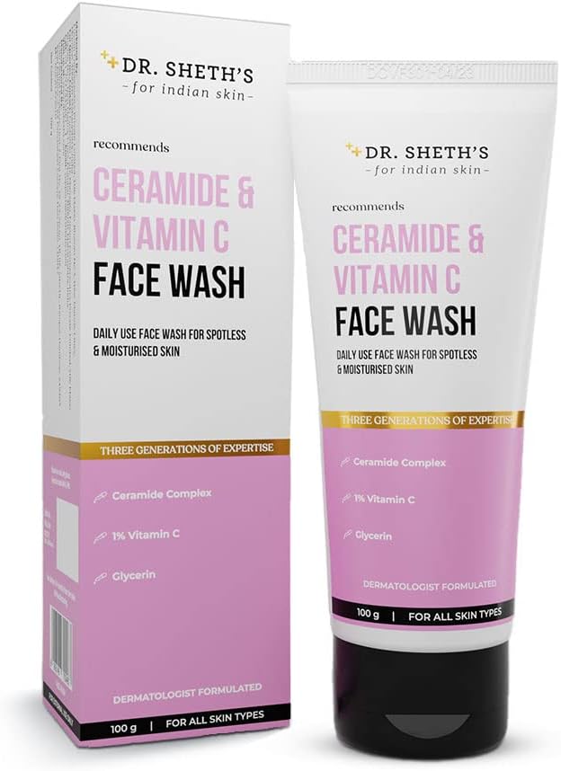 Dr. Sheth's Ceramide & Vitamin C Brightening Face Wash | Gently Cleanses, Hydrates & Reduces Dark Spots | For Normal, Oily & Combination Skin | For Men & Women | 100 g