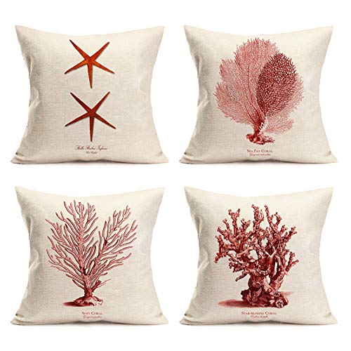 Xihomeli Ocean Coastal Nautical Pillow Cases Covers Marine Life Pillowslip with red Starfish and Corals Pattern Rustic Cotton Linen Farmhouse Cushion Cover 18x18 Inch, 4 Pack (4ps Red Corals)