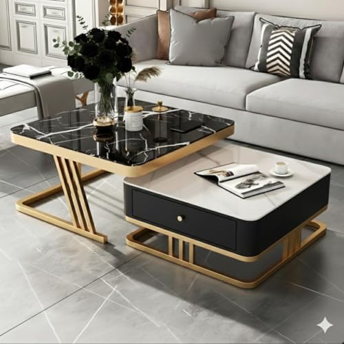 Image of Iron Frame Handmade Drawer Square 20 inchx20 inch Coffee Table Set 2 piece, Nesting Table with Marble Look Center Table Storage Drawer for Living Room /Drawing Room /Balcony (Golden Black White.)
