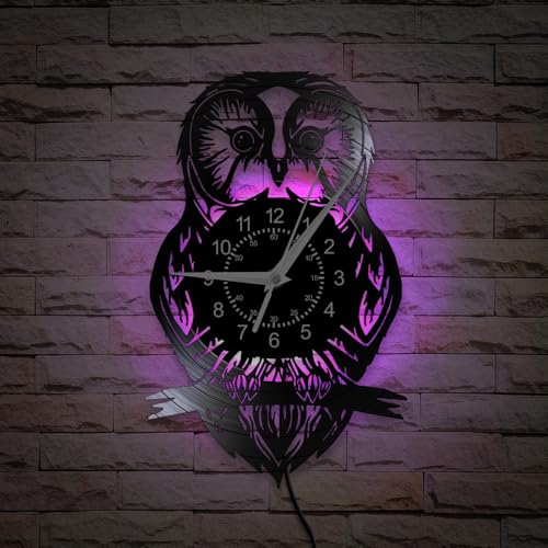 TIMEGLOW Owl Wall Clock, 7 Kinds of LED Color 12 Inch Animal Bird Wall Clock, Silent Quartz Non Tick