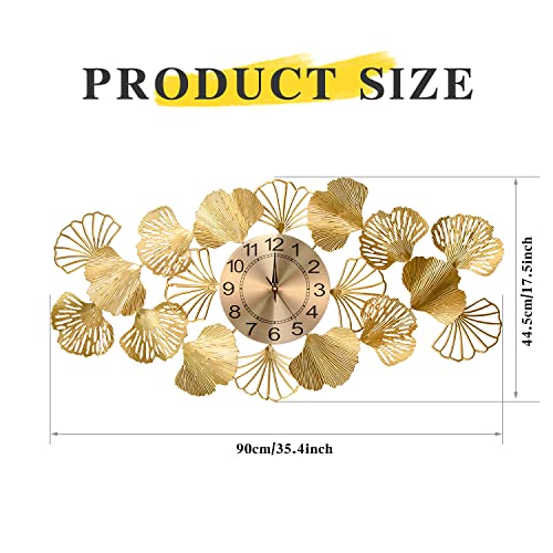 Large Decorative Wall Clock,35.8 Inch Silent Non-Ticking Metal Wall Watch Clock Art Design Ginkgo Leaf For Kitchen, Living Room, Bedroom, Bathroom, Bedroom, Office Home Decor (Gold) #TOP1