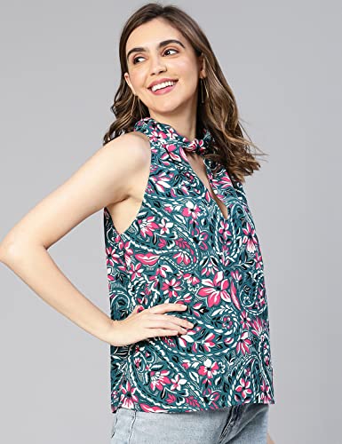Image of oxolloxo Women Floral Print Key Hole Neck Polyester Top