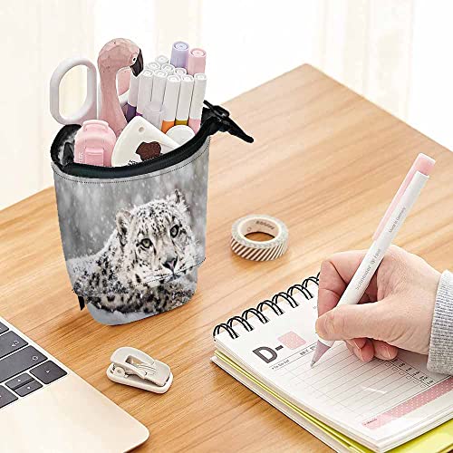 Image of Swono Snow Leopard Pencil Pouch Frontal Portrait Snow Storm Stand Up Pencil Case Pencil Holder Cosmetics Bag For Women Men