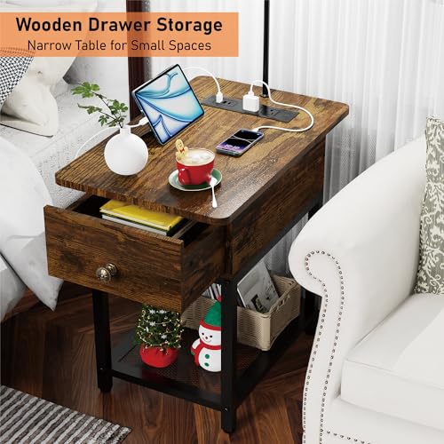 Image of runjuly Floor Lamp with Table, Side Table with Lamp Attached, Narrow End Table with LED Lights and Charging Station, Nightstand with Wood Drawer for Living Room, Bedroom, Rustic Brown
