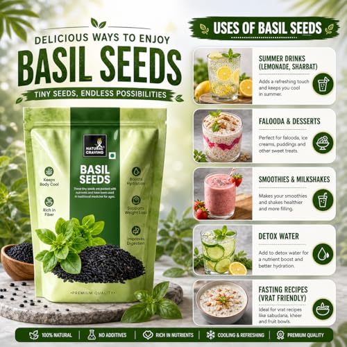 Image of Natural Craving Basil Seeds 900g | Organic Sabja Seeds | Tukmaria for Eating | High in Omega-3, Fiber & Plant Protein | Gluten-Free Superfood for Digestion, Hydration & Weight Management