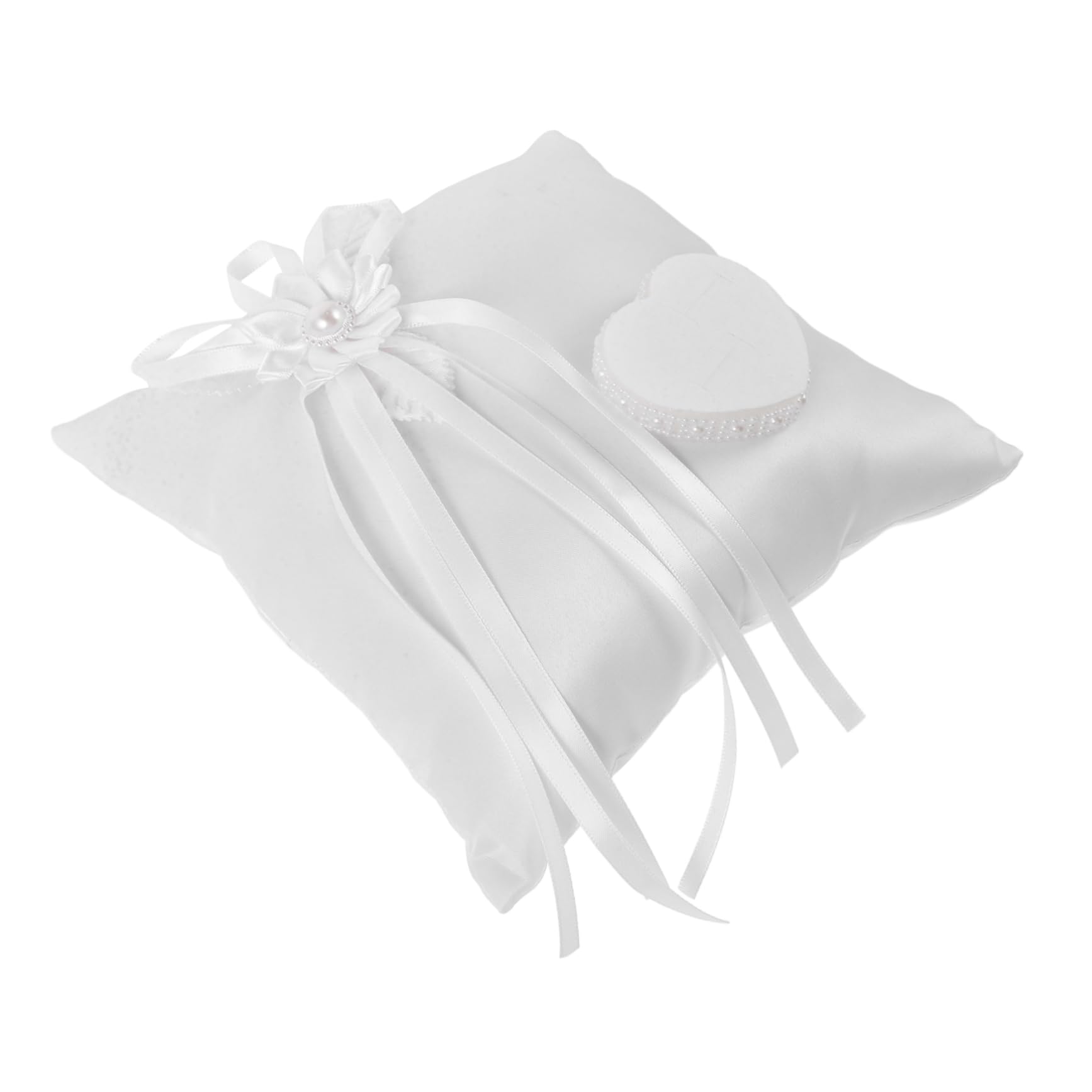 balacoo Hochzeitskissen Ringkissen Hochzeit Weiß Quadratisch 20x20x7 cm | Gewebe, Blumenschleife mit Herz, Wiederverwendbar und Leicht zu Tragen, Schmuckhalter für Brautzubehör