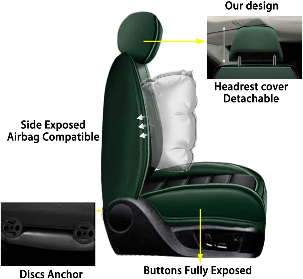 2-Seats Car Seat Covers for Audi Q7 2007-2025 Leather Auto Vehicle Seat Covers Excellent Quality Car Seat Cover,Waterproof Wear-Resistant Seat Cover Airbag Compatible(Black&Green-Standard)