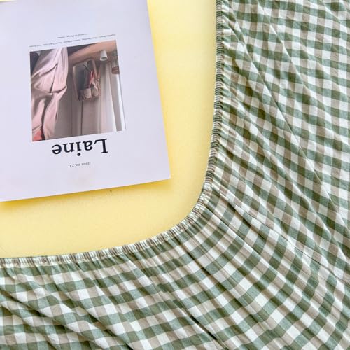 Image of Mucalis Green Gingham Fitted Sheet King Only Deep Pocket 16 Inch 100% Washed Cotton White Tan Plaid Checkered Botton Sheet,Soft,Breathable,Easy Care