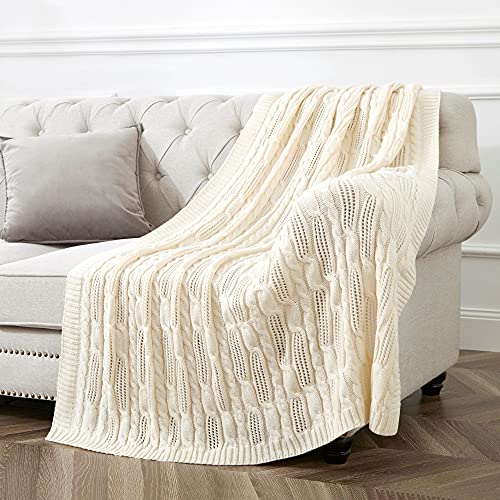Aormenzy Cable Knit Throw Blankets 50 X 60 Inches, Soft Cozy And Lightweight Knitted Blanket, Machine Washable Acrylic Blanket, Decorative Throw Blanket For Couch Sofa Bed, Cream White #TOP1