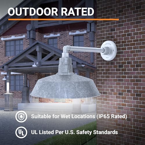 Image of 14in. Galvanized Outdoor Gooseneck Barn Light Fixture with 13in. Long Extension Arm - Wall Sconce Farmhouse, Vintage, Antique Style - UL Listed - 9W 900lm A19 LED Bulb (5000K Cool White)
