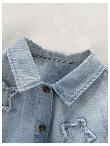 MakeMeChic Girl's Star Denim Jacket Coat Long Sleeve Collared Y2K Button Down Shirt3